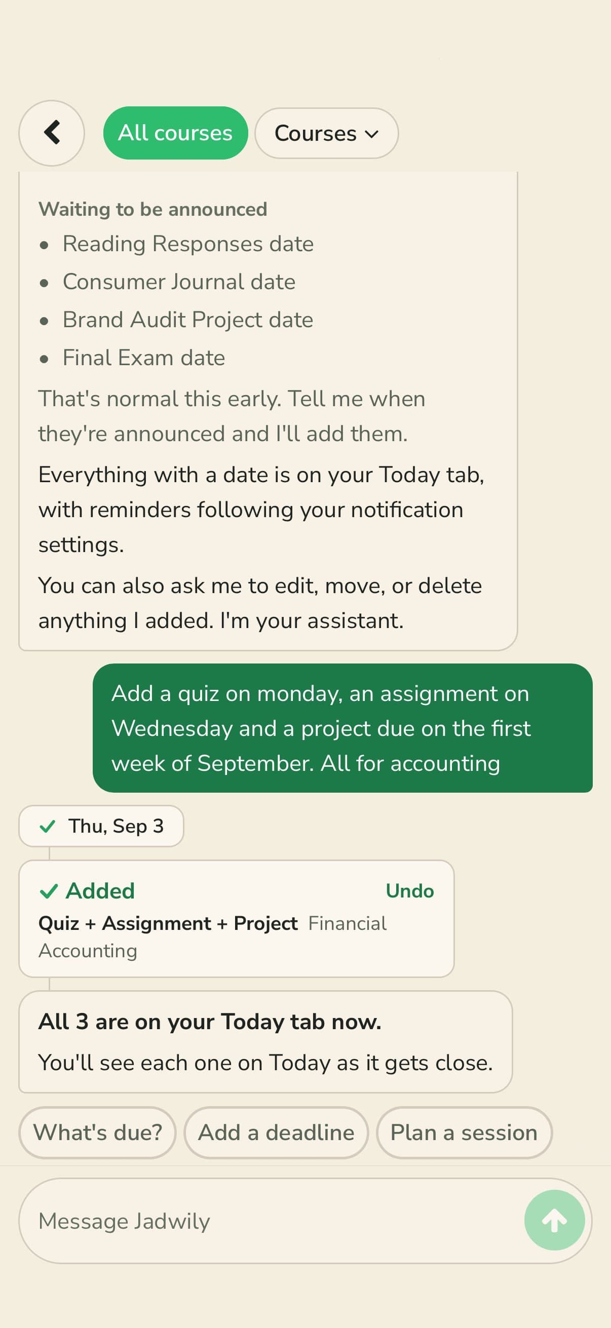 The Jadwily chat. The student asks for work to be added, and Jadwily replies that it is added, with an undo button beside it.