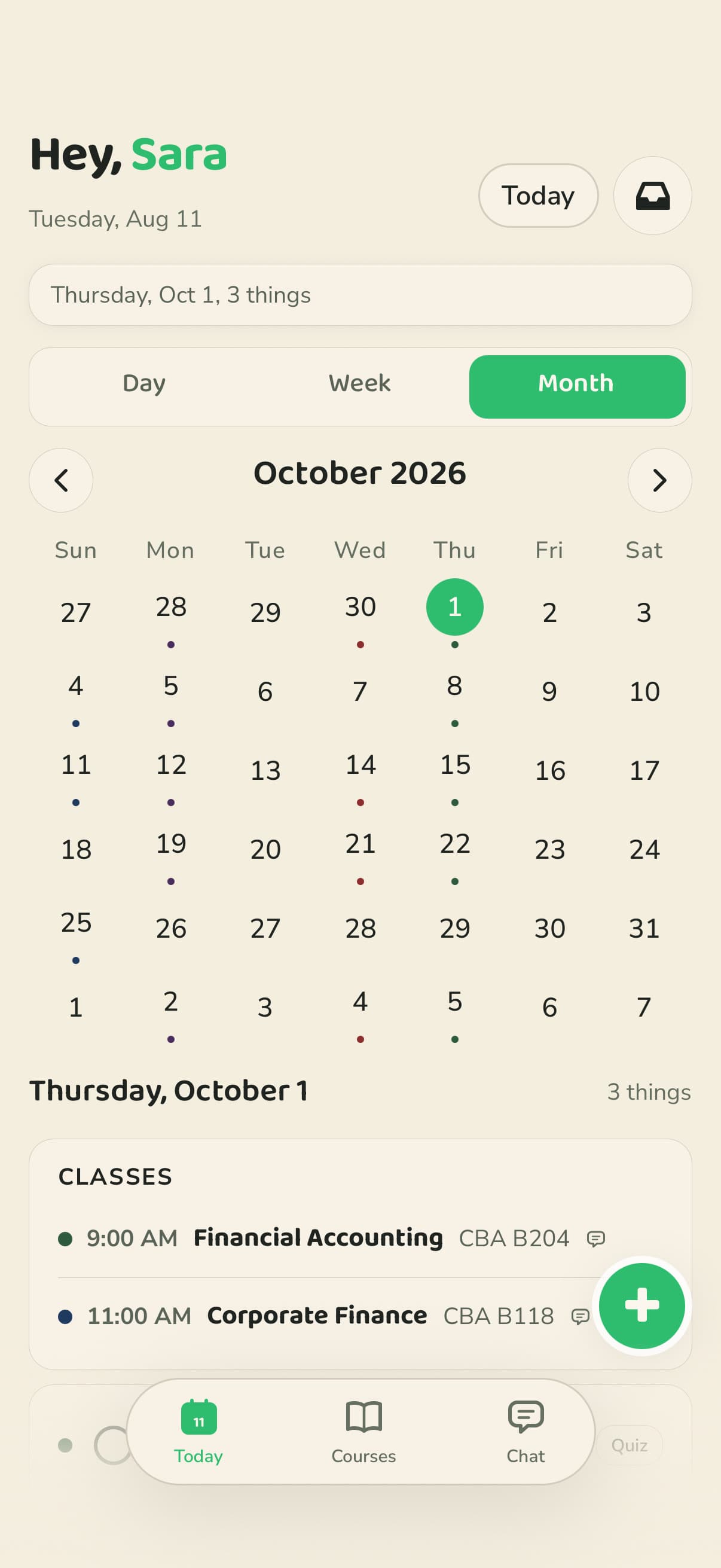 The Today tab. A month calendar with small dots marking busy days, and beneath it the classes on the selected day.