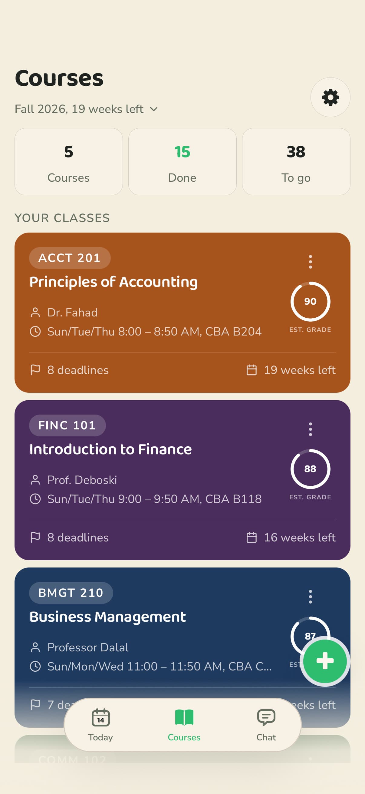The Courses tab. Cards for three courses, each with its professor, class times and number of deadlines.