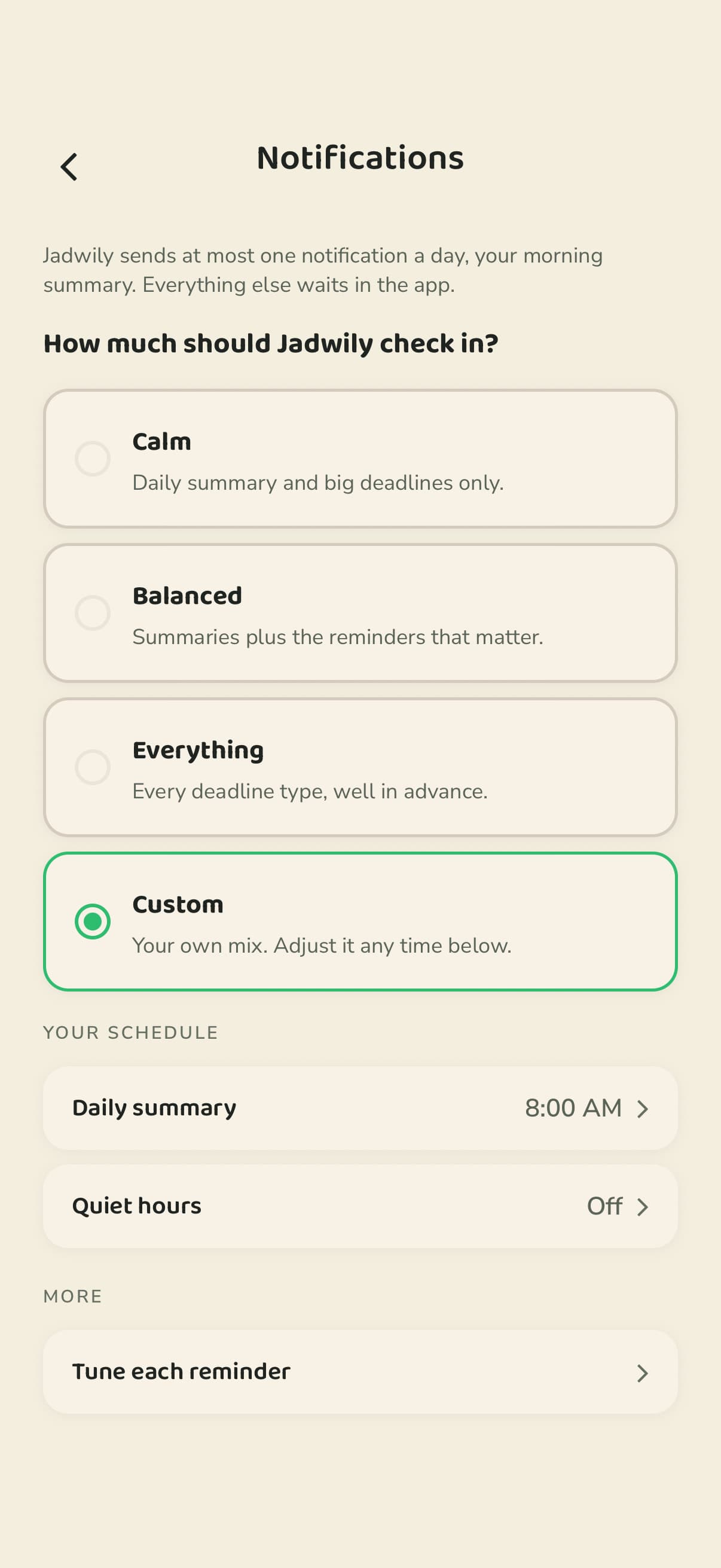The notification settings. Styles named Calm, Balanced, Everything and Custom, with Custom selected, then the daily summary time, quiet hours and a Tune each reminder row.